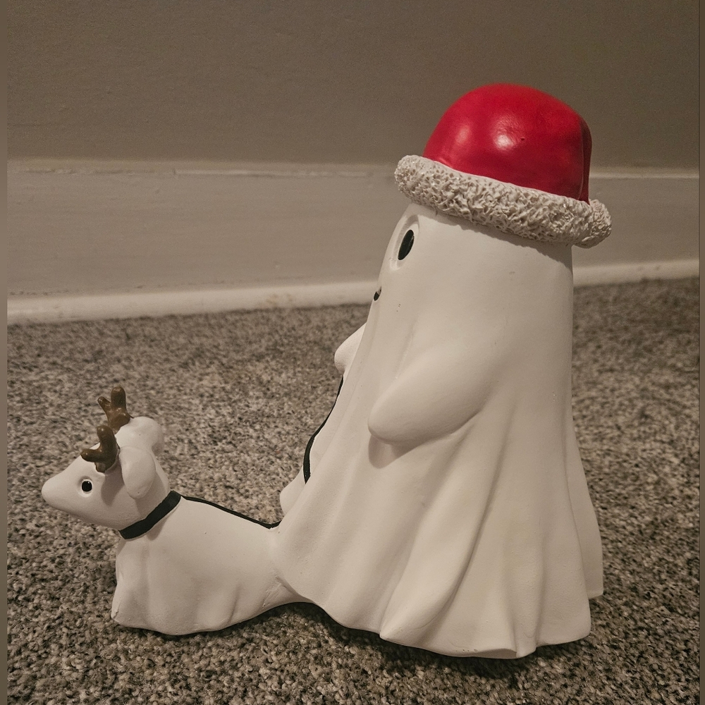 Festive Ghost with Santa Hat Walking Dog With Reindeer Ears Christmas Figurine - Picture 2 of 3